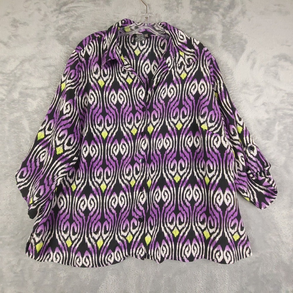Notations Shirt Womens Button Up Abstract Print 3/4 Sleeve Collar Purple 20W